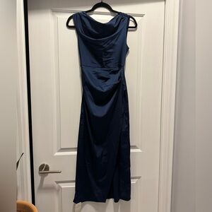 Abercrombie & Fitch Navy Blue Boat Cowl Neck Draped Ruched Maxi Dress Satin XS